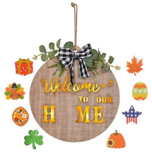 (As show, One size) Interchangeable Home Sign for Front Door Holiday Home Decor Sign with 8 Seasonal Icons LED Light Rustic Wooden Door Hangers Farmhouse Porch Decor
