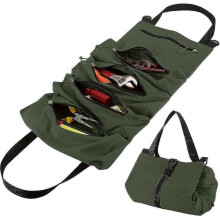 Storage Bag Tool Roll Organizer Heavy Duty Canvas Tool Storage Pouch with 5 Zipper Pockets for Wrenches, Sockets, Screwdrivers And More