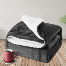 (Super King Sherpa, Grey) 480GSM Thick Reversible Weighted Fleece Blanket Throw