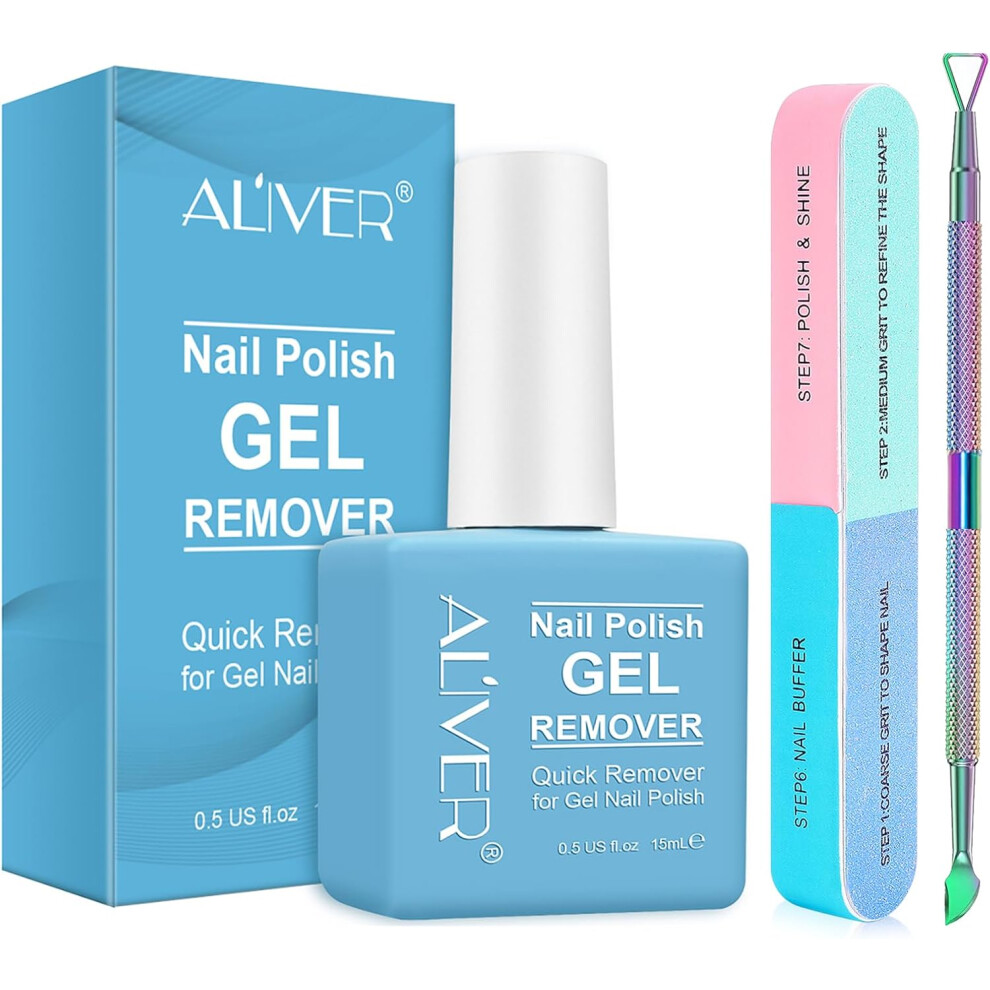 Jyw Gel Nail Polish Remover Kit - 15Ml Remover With Scraper & 7-Step Nail Buffer