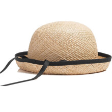 (As show, One size) Lovely Girl Ribbon Bowknot Roll-up Wide Brim Straw Hat Dome Top Hat for Summer