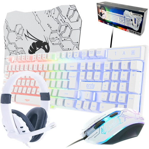 White Gaming Keyboard Mouse And Headset Set Pad Rainbow LED USB Bundle PC Laptop