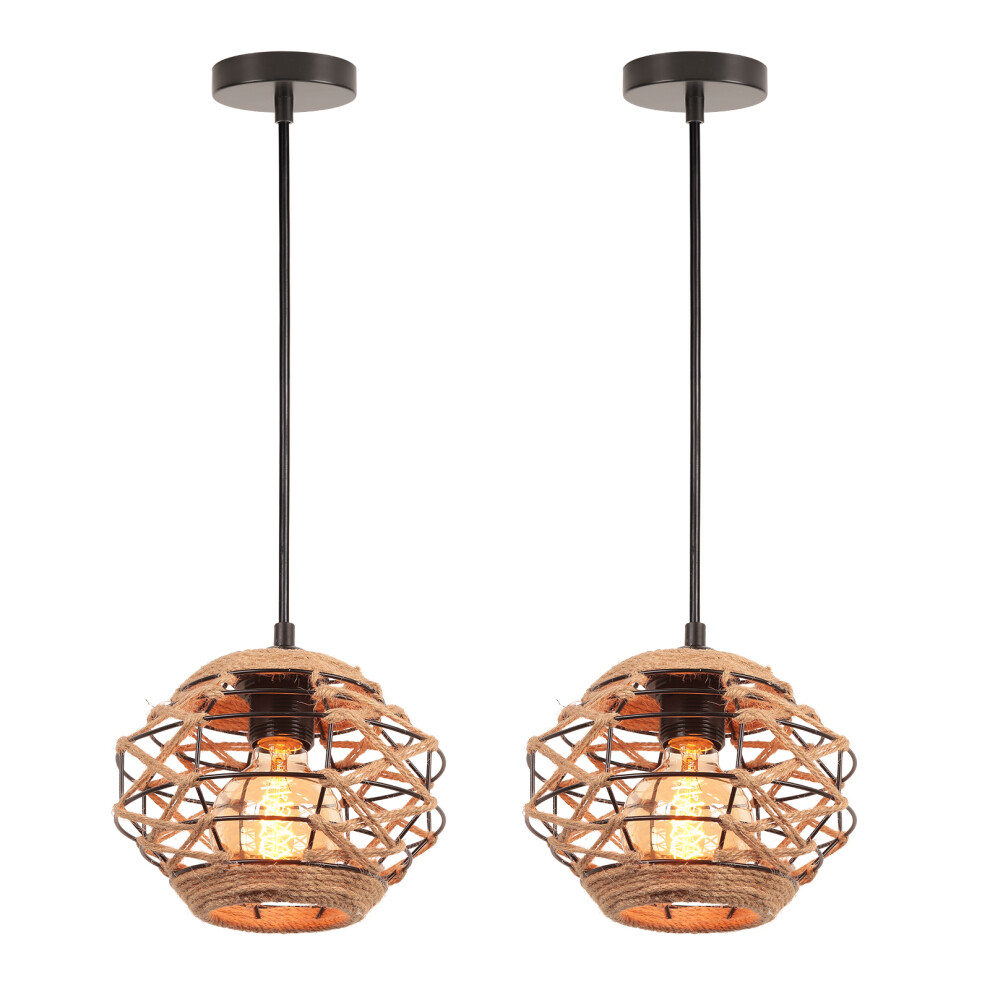 (2PCS) Lustre Vintage Lampe De Plafond En Corde De Chanvre Luminaire Plafonnier D'Intérieur En Métal Pour Couloir De Salon De Noir