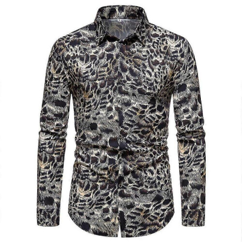 (L, black) Men's Leopard Print Shirts, Long Sleeve Button Down Shirts
