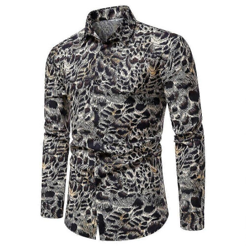 (L, black) Men's Leopard Print Shirts, Long Sleeve Button Down Shirts 1
