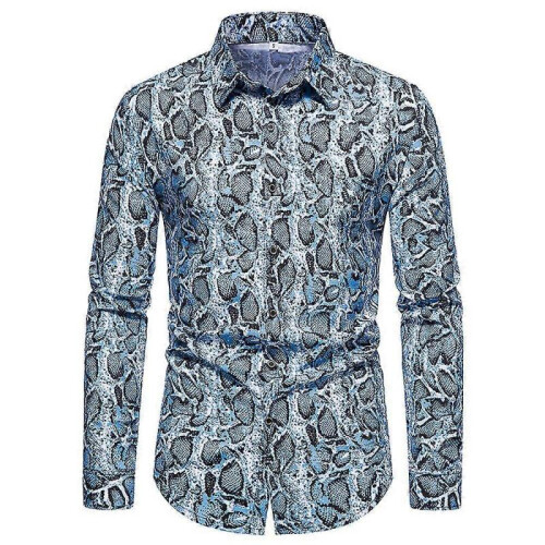 (L, light blue) Men's Leopard Print Shirts, Long Sleeve Button Down Shirts