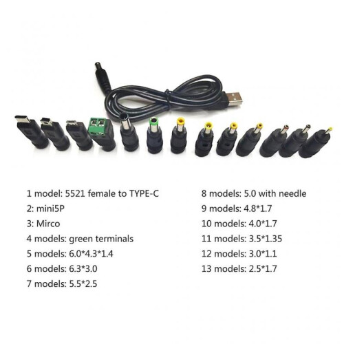 Universal Connector 13pcs Plugs Laptop USB DC5521 Power Supply Adapter Jacks 2