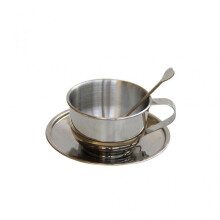 (Silver) Insulated Coffee Cups with Spoon and Saucer for Latte,Milk,Teas,Espresso