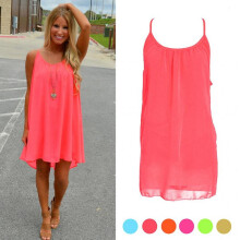 (M, Fluorescen Red) Summer Sexy Women Beach Chiffon Sleeveless Party Dress Casual Mini SunDress