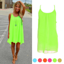 (S, Fluorescent green) Summer Sexy Women Beach Chiffon Sleeveless Party Dress Casual Mini SunDress