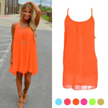 (XXL, Orange) Summer Sexy Women Beach Chiffon Sleeveless Party Dress Casual Mini SunDress