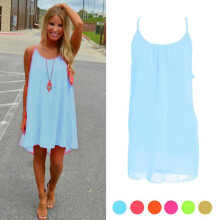 (L, Wathet) Summer Sexy Women Beach Chiffon Sleeveless Party Dress Casual Mini SunDress