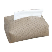 (Light Grey) Leather Woven Pattern Tissue Box Rectangle Napkin Organizer Holder for Home Bedroom Living Room Desktop Decoration