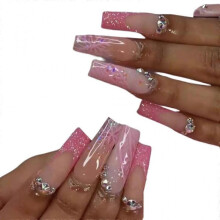 24 Pcs Press on Nails with Rhinestones Designs Long Fake Nails with Nail-Glue