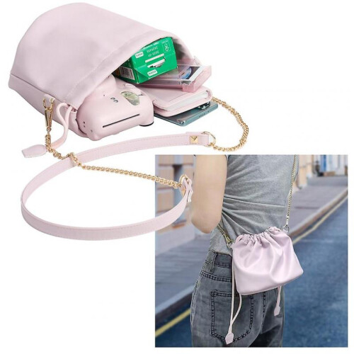 (White) PU Leather Camera Bag with Adjustable Strap, Large Capacity Drawstring Storage Pouch Portable Organizers Case Container 2