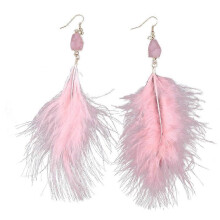 (As show, One size) Natural Feather Tassel Pink Quartz Stone Drop Earrings For Women Fashion Jewelry