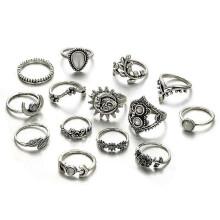 (As show, One size) 14pcs/set Silver Moon Star Flower Finger Rings Set Punk Rings for Boys Girls