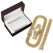 (Silver, One size) 3Pcs Cool Rappers Luxury Mens Watch Shiny Cuban Bracelet Necklace Jewelry Set