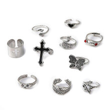 (As show, One size) Dripping Oil Personality Frog Peacock Butterfly Crying Face Ring 10-piece Set