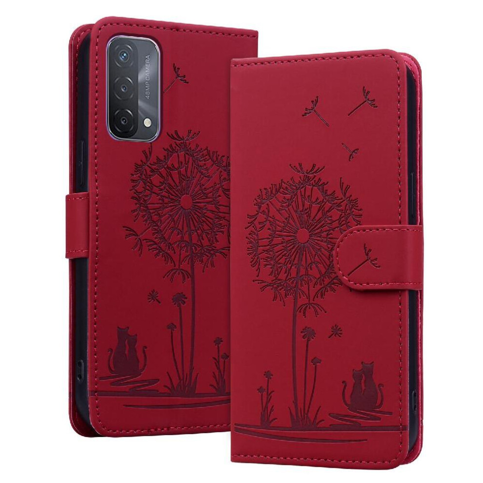 (Red) Flip Case For Oppo A74 5G Three Card Slots Kickstand Premium Leather Stand Red 764563661404