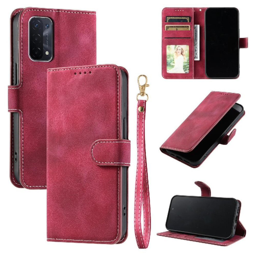(Red) Flip Case For Oppo A74 5G Pu Leather Magnetic Kickstand Wrist Strap Wallet Card Slots Red 764563661619