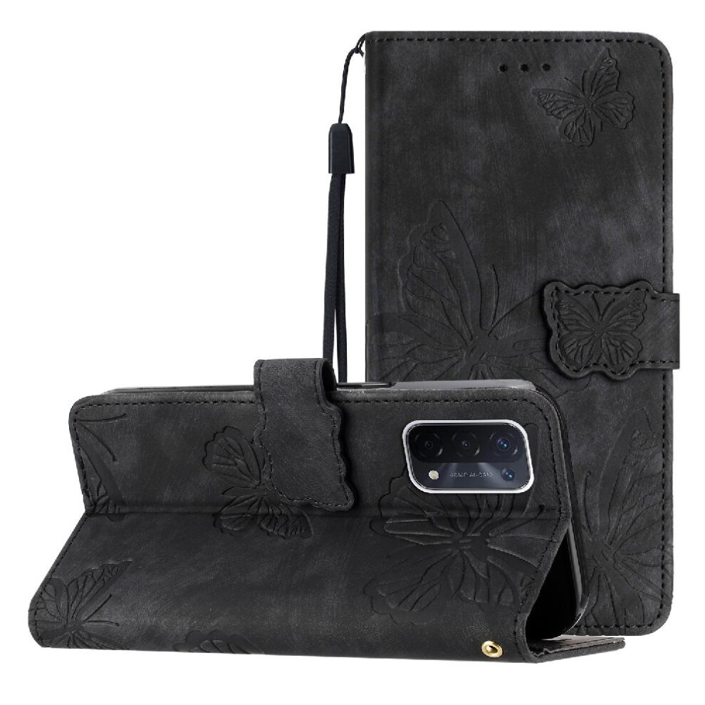 (Black) Flip Case For Oppo A74 5G Magnetic Closure Wallet Butterfly Card Slots Holder Pu Leather Black 764563662272