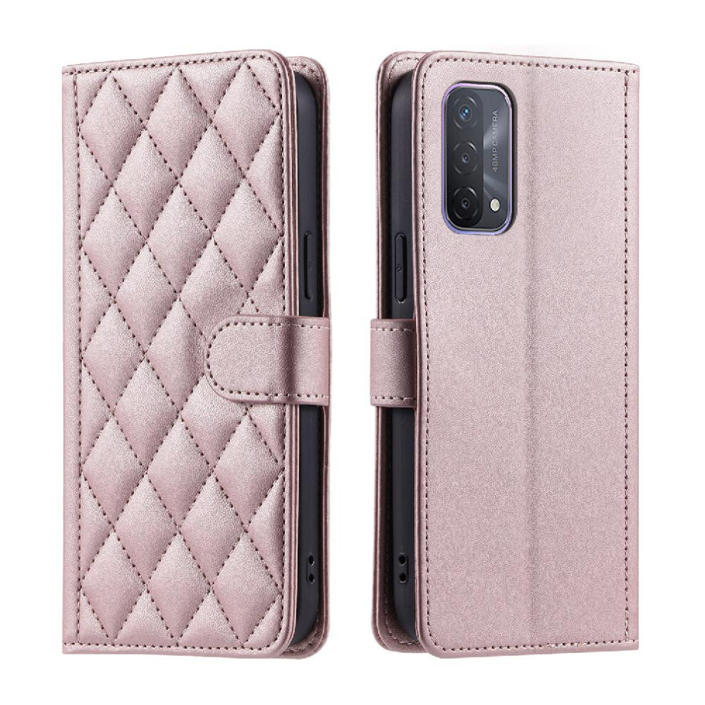 (Pink) Phone Case For Oppo A74 5G/A93 5G Magnetic Card Slots Holder Flip Folio Wallet Hand Strap Lattice Pink 764563662555