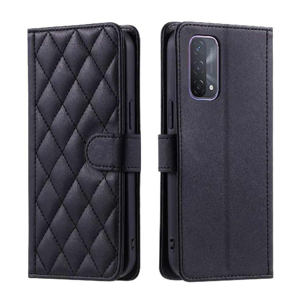(Black) Phone Case For Oppo A74 5G/A93 5G Magnetic Card Slots Holder Flip Folio Wallet Hand Strap Lattice Black 764563662593