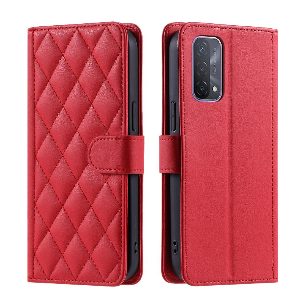 (Red) Phone Case For Oppo A74 5G/A93 5G Magnetic Card Slots Holder Flip Folio Wallet Hand Strap Lattice Red 764563662609