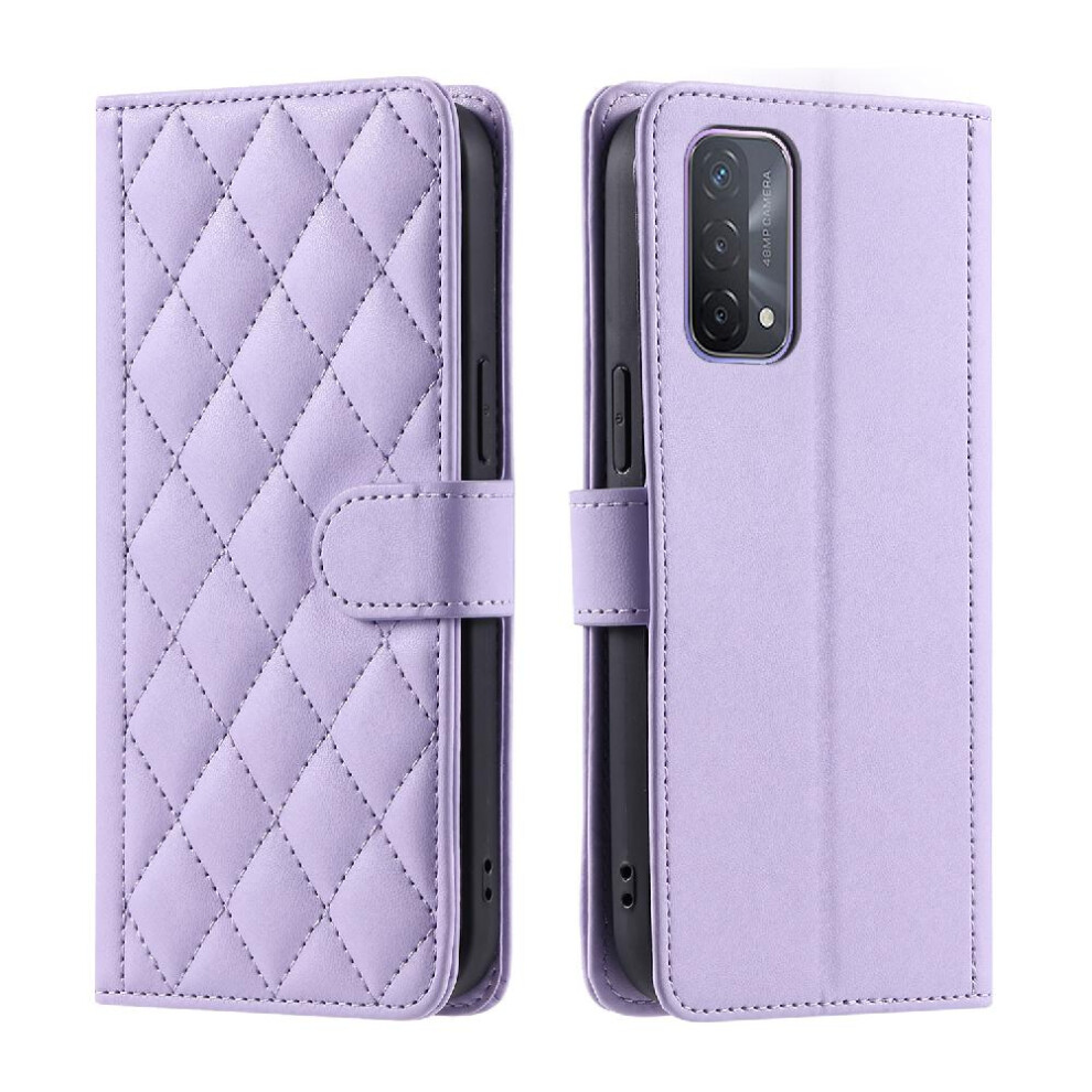 (Purple) Phone Case For Oppo A74 5G/A93 5G Magnetic Card Slots Holder Flip Folio Wallet Hand Strap Lattice Purple 764563662586