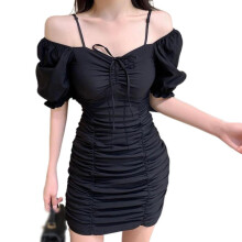 (S, Black) Womens Solid Color Short Puff Sleeve Mini Dress Slim Fit Square Neck Dress