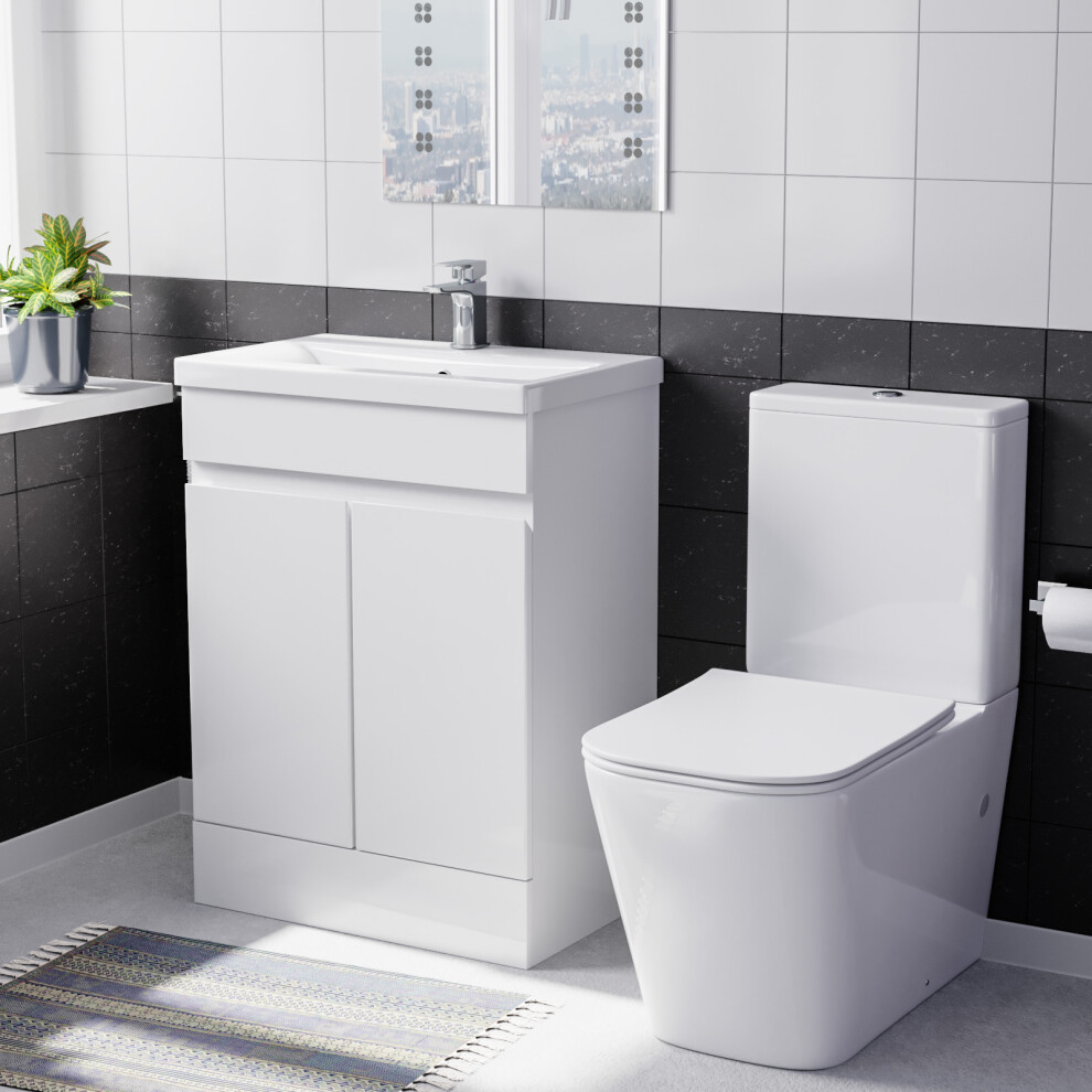 Nes Home Alaska 600Mm Freestanding Basin Vanity, Rimless Square Closed Coupled Toilet