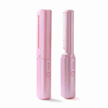 (Pink) Portable Wireless Electric Hair Brushes Heating Straight Curly Negative Ion Hot Straightener Comb USB Charge Home Travel Women