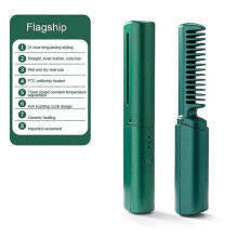 (Green) Portable Wireless Electric Hair Brushes Heating Straight Curly Negative Ion Hot Straightener Comb USB Charge Home Travel Women