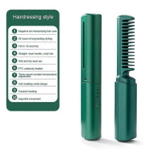 (Green) Portable Wireless Electric Hair Brushes Heating Straight Curly Negative Ion Hot Straightener Comb USB Charge Home Travel Women