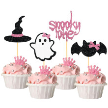 24 stuks roze Halloween Ghost Cupcake Toppers Spooky One Cupcake Picks voor Halloween 1e verjaardag decoraties Halloween cake Topper Decor Ghost Bats