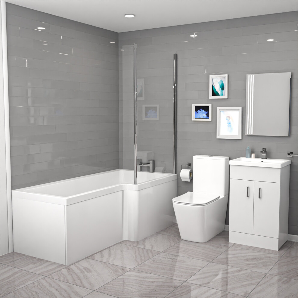 Cann L-Shaped RH Shower Bath, White Basin Vanity Unit & Close Coupled Toilet
