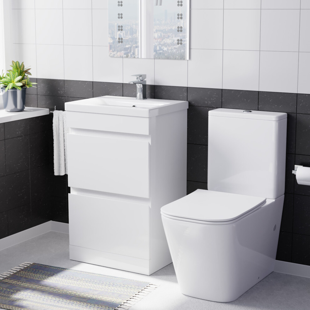 Nes Home 600mm 2 Drawers Freestanding White Basin Vanity & Close Coupled Toilet