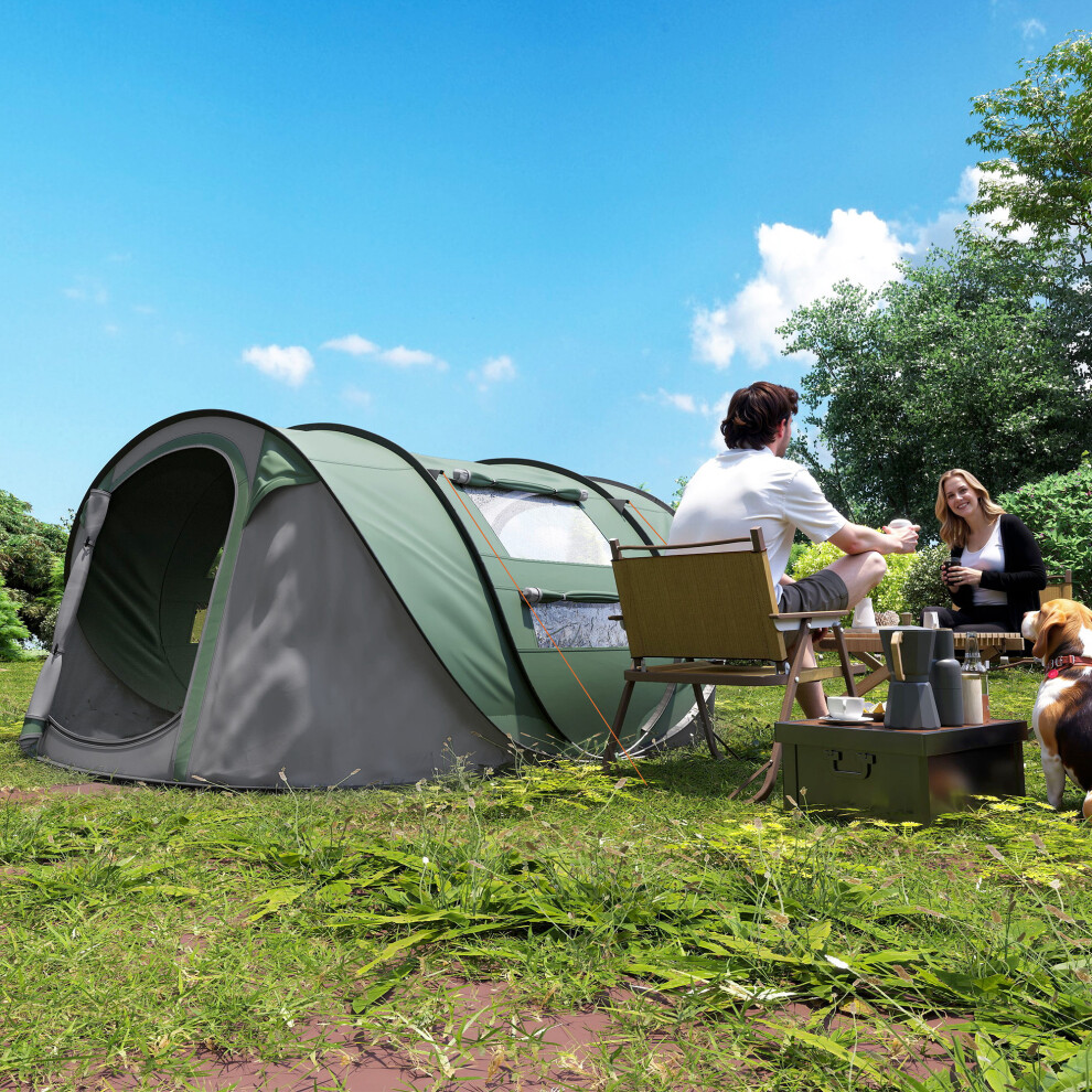 Outsunny Camping Tent Dome Pop-up Tent  with Windows for 4-5 Person Dark Green