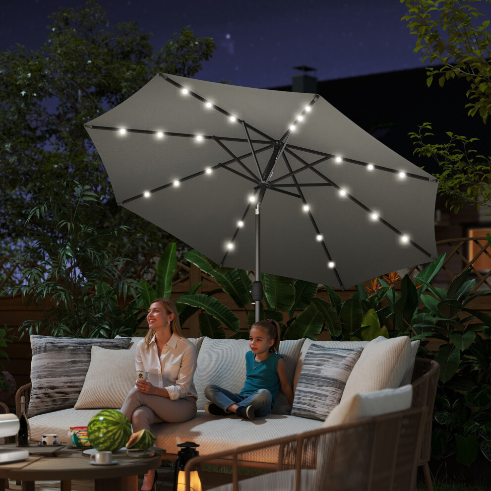 Outsunny Garden Parasol Outdoor Tilt Sun Umbrella LED Light Hand Crank Grey