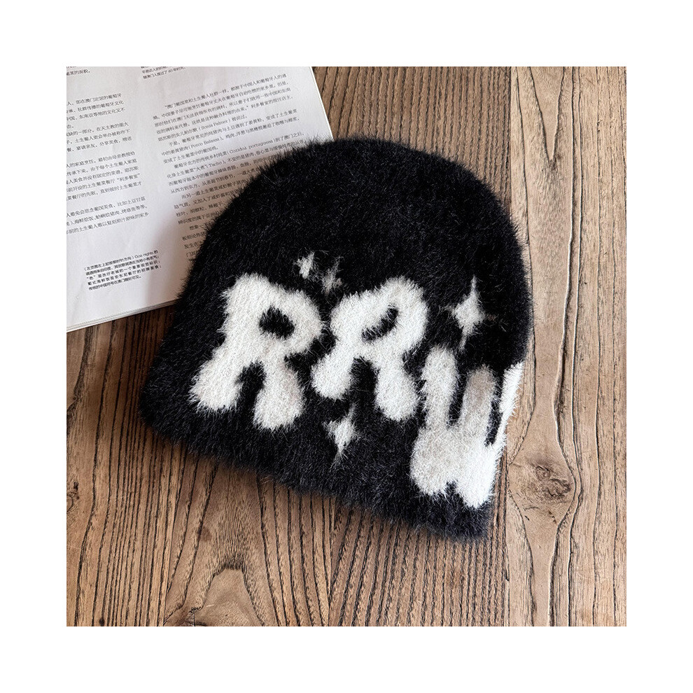 (Black) Style Street Fashionable Letter Star Jacquard Imitation Mink Fur Hat Knitted-image-OPC-PHPPGJ2-NEW