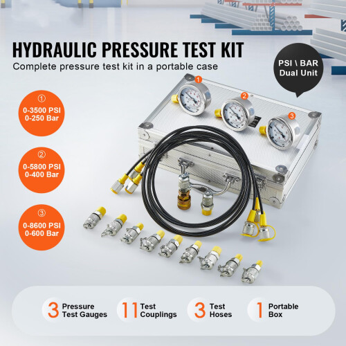 VEVOR Hydraulisk trycktestkit, 250/400/600bar, 3 manometrar, 11 testkopplingar, 3 testslangar 2