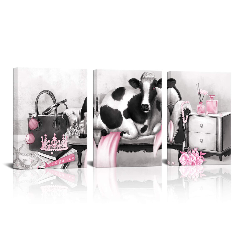 Kalormore Pink Glam Fashion Canvas Poster Elegant Vache Avec Perle Couronne Parfum Photo Prints Artwork Gift For Girl Woman Bedroom Makeup Room (-image