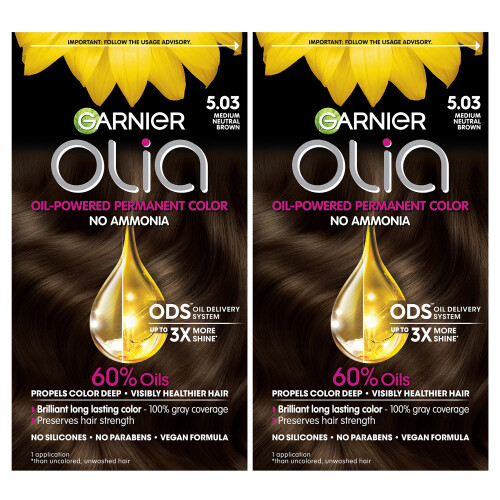 Garnier Χρώμα Μαλλιών Olia Χωρίς Αμμωνία, 5.03 Μεσαίο Ουδέτερο Καφέ, 2 Τεμάχια