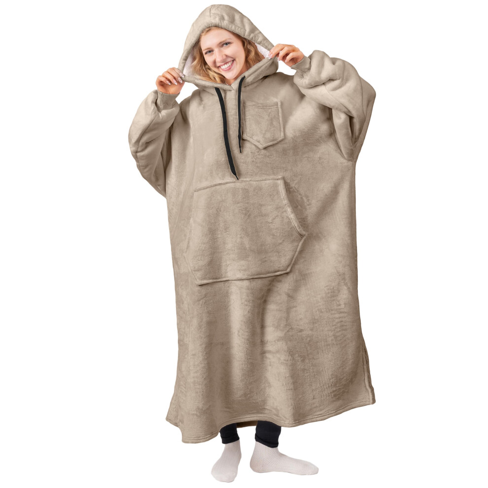 PAVILIA Couverture     capuche pour femme, couverture portable en sherpa beige, sweat-shirt surdimensionn    et confortable pour homme, couverture po