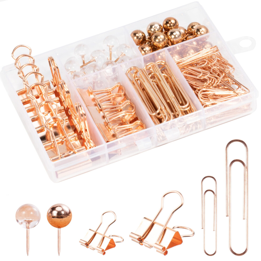 Paper Clips Binder Clips Set 160Pcs Rose Gold Office Supplies and Accessories with Paperclips & Large Small Paper Binder Clips Push Pins for Women Hom-image-OPC-PFNJBBZ-NEW
