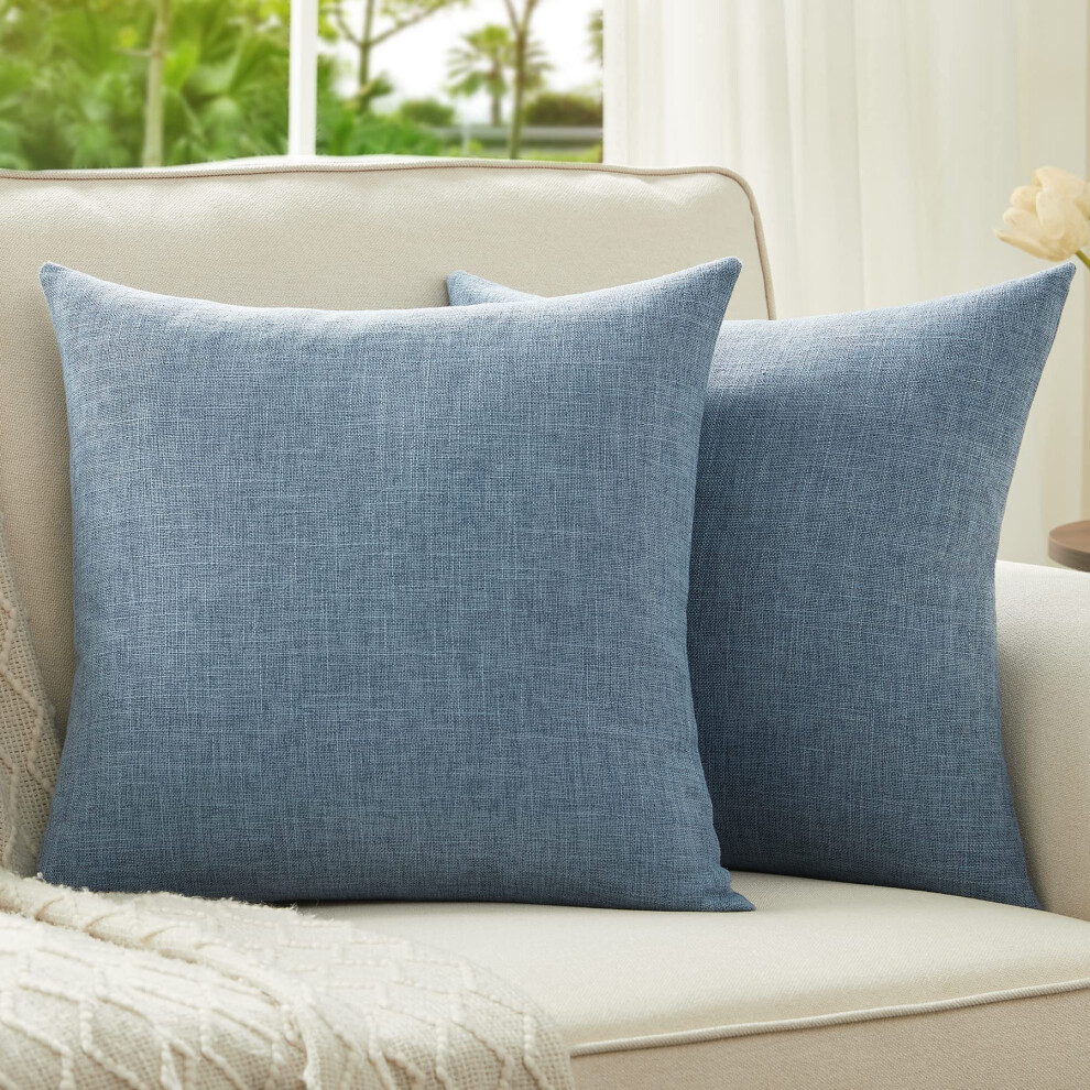 Anickal Lot de 2 housses de coussin d   coratives carr   es en lin rustique gris bleu 40 x 40 cm pour canap   , d   coration de maison de ferme