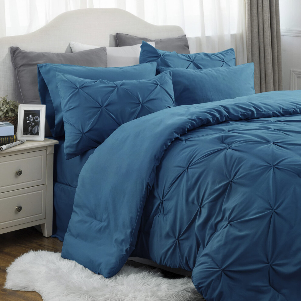 Bedsure California King Comforter Set - Cal King Bed Set 7 Pieces Pinch Pleat Teal Blue Cali King Bedding Set with Comforter Sheets Pillowcases & S