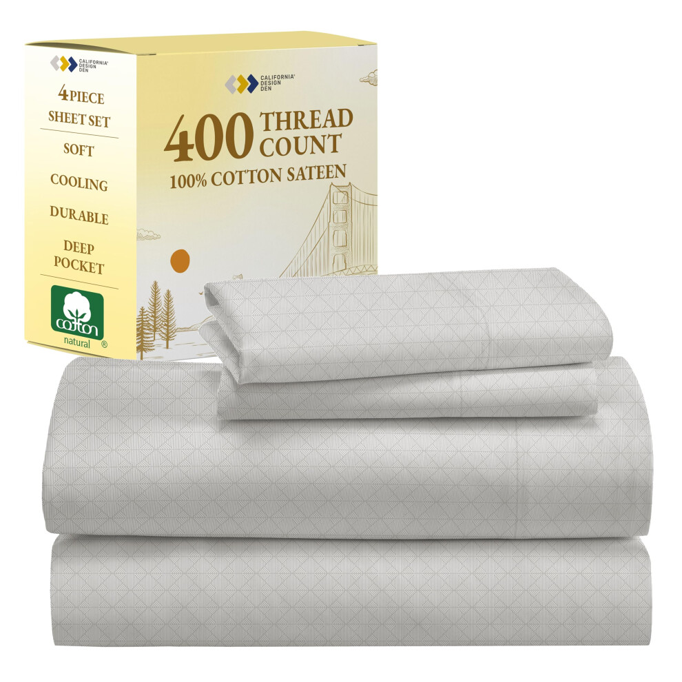 Parure de lit California Design Den, taille Queen, 100 % satin de coton 400 fils, draps et taies d'oreiller, taille Queen,     poches profondes (ta