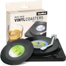 Funny Retro Record Coasters for Drinks with Vinyl Player Holder for Music Lovers,Set of 6 Conversation Piece Sayings Drink Coaster,Housewarming Hostes